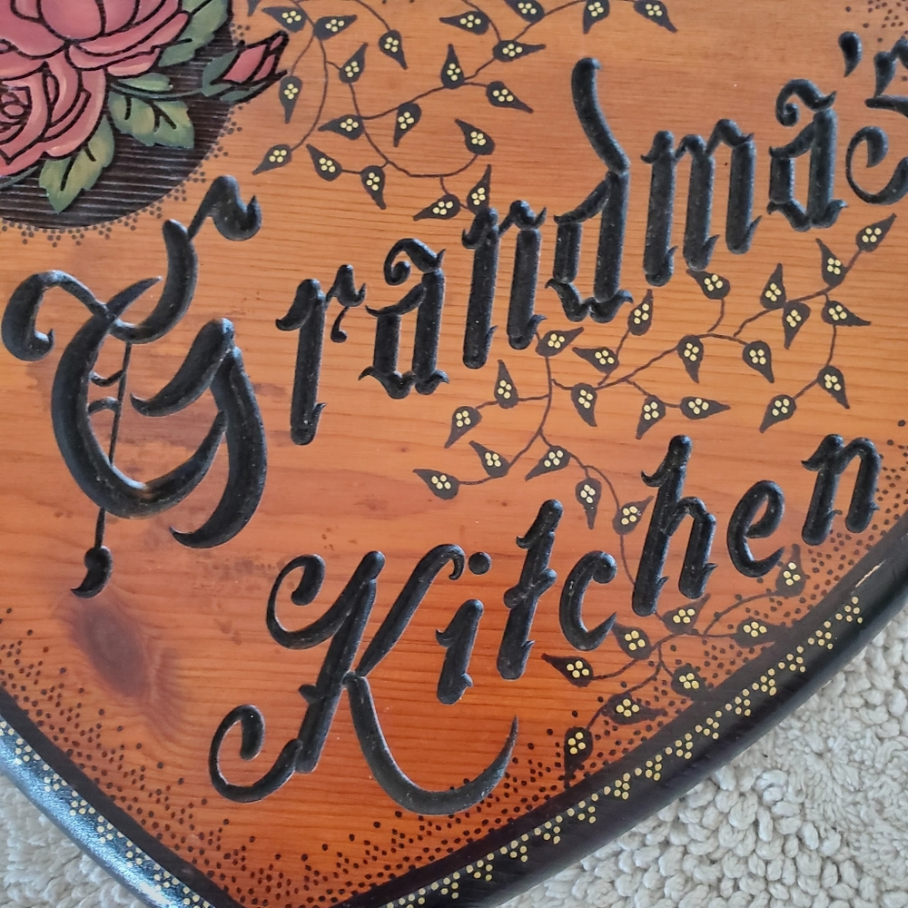 Handmade Heart Wood Wall Hanging "Grandma's Kitchen" Floral 12 x 10" Kitschy - Picture 5 of 13